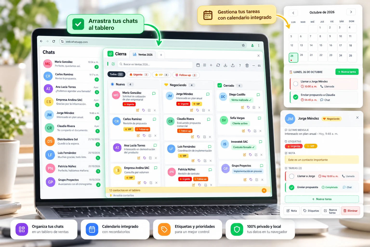 Cierra en una laptop: lista de chats, tablero de ventas, calendario y ficha de cliente